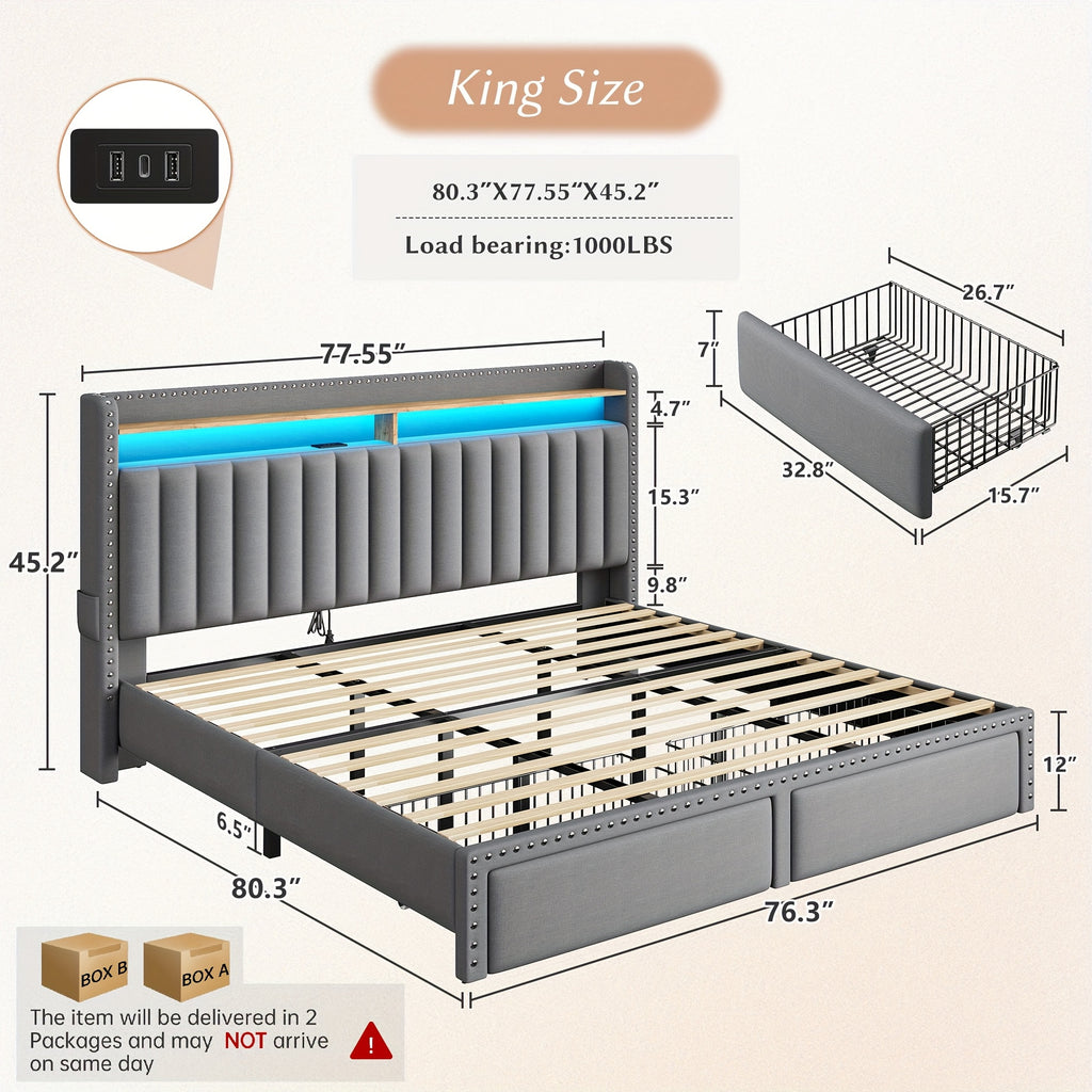 full queen king size bed frame 2 tier storage headboard - Temu