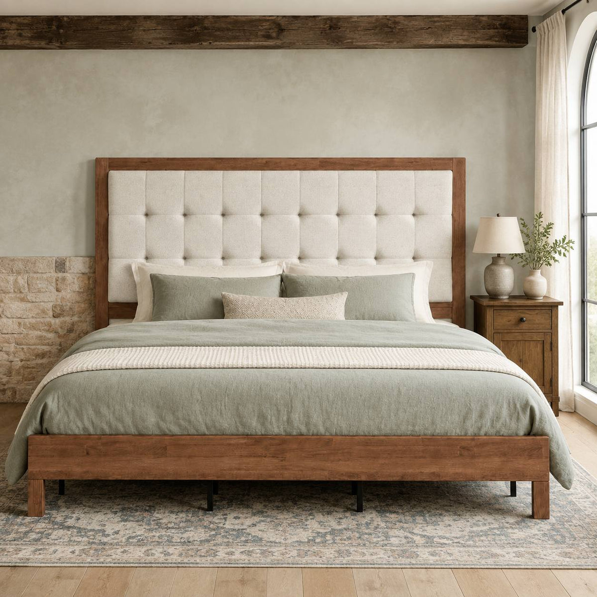 classic vintage solid wood bed frame upholstered headboard - Temu