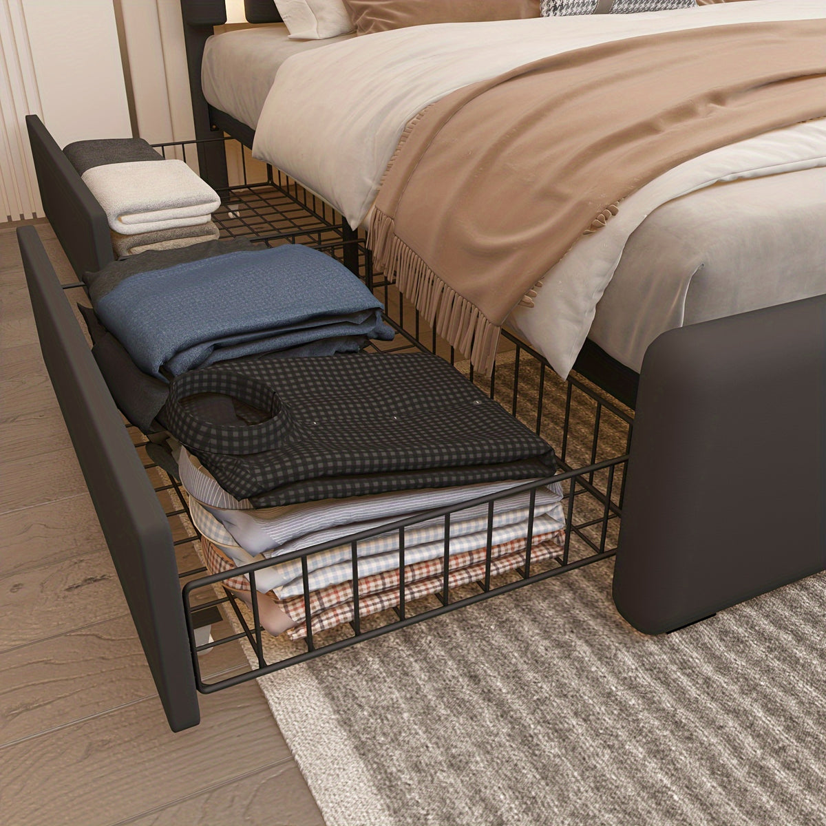 black bed frame 4   drawers led lights adjustable - Temu