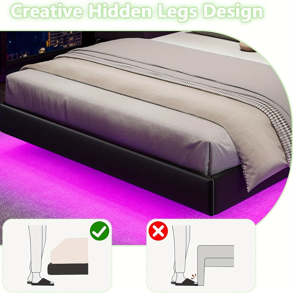 floating bed frame rgb led lights upholstered headboard - Temu