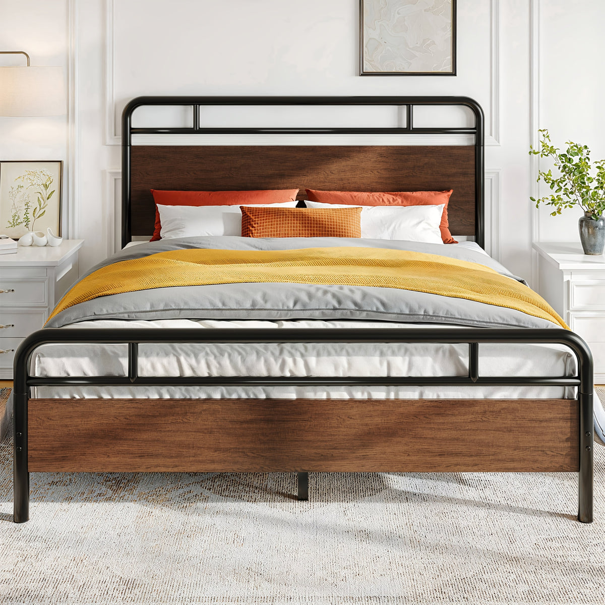 full queen king size bed frame metal bed wood - Temu