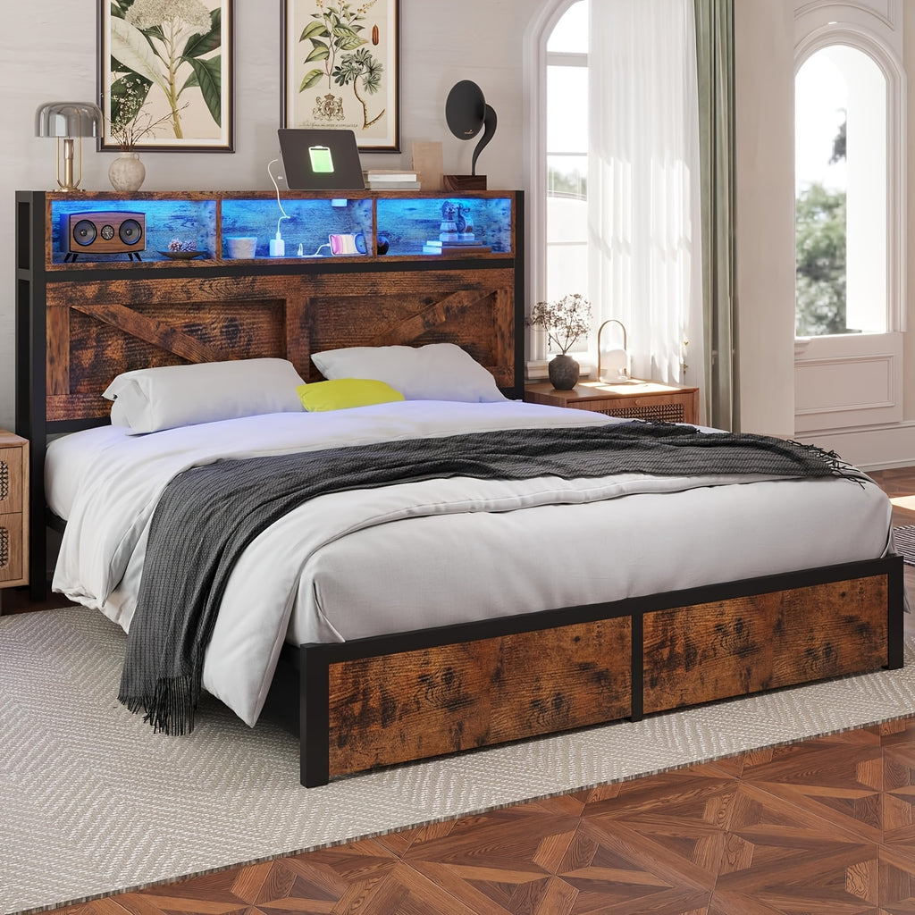 farmhouse bed frame bookcase headboard storage drawers no - Temu