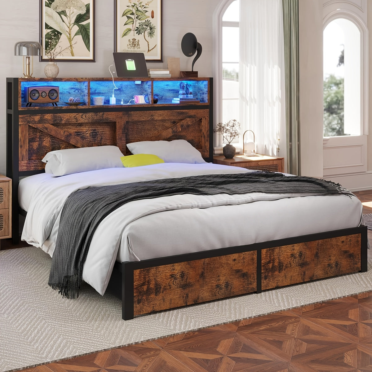 farmhouse bed frame bookcase headboard storage drawers no - Temu