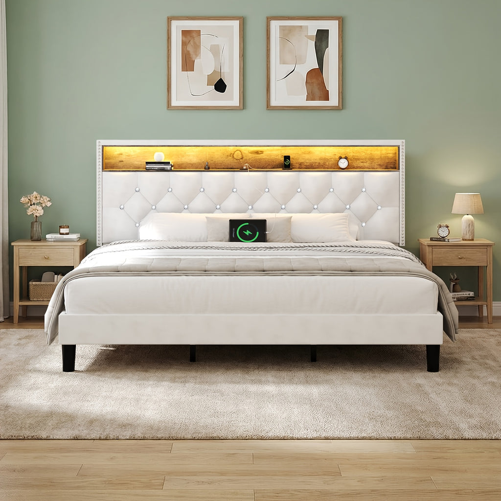full queen king bed frame led lights velvet - Temu