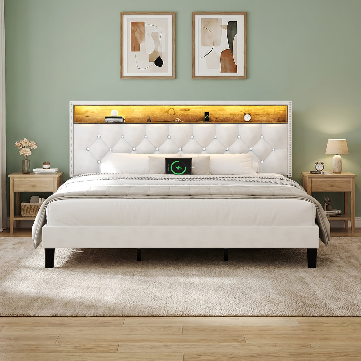 full queen king bed frame led lights velvet - Temu