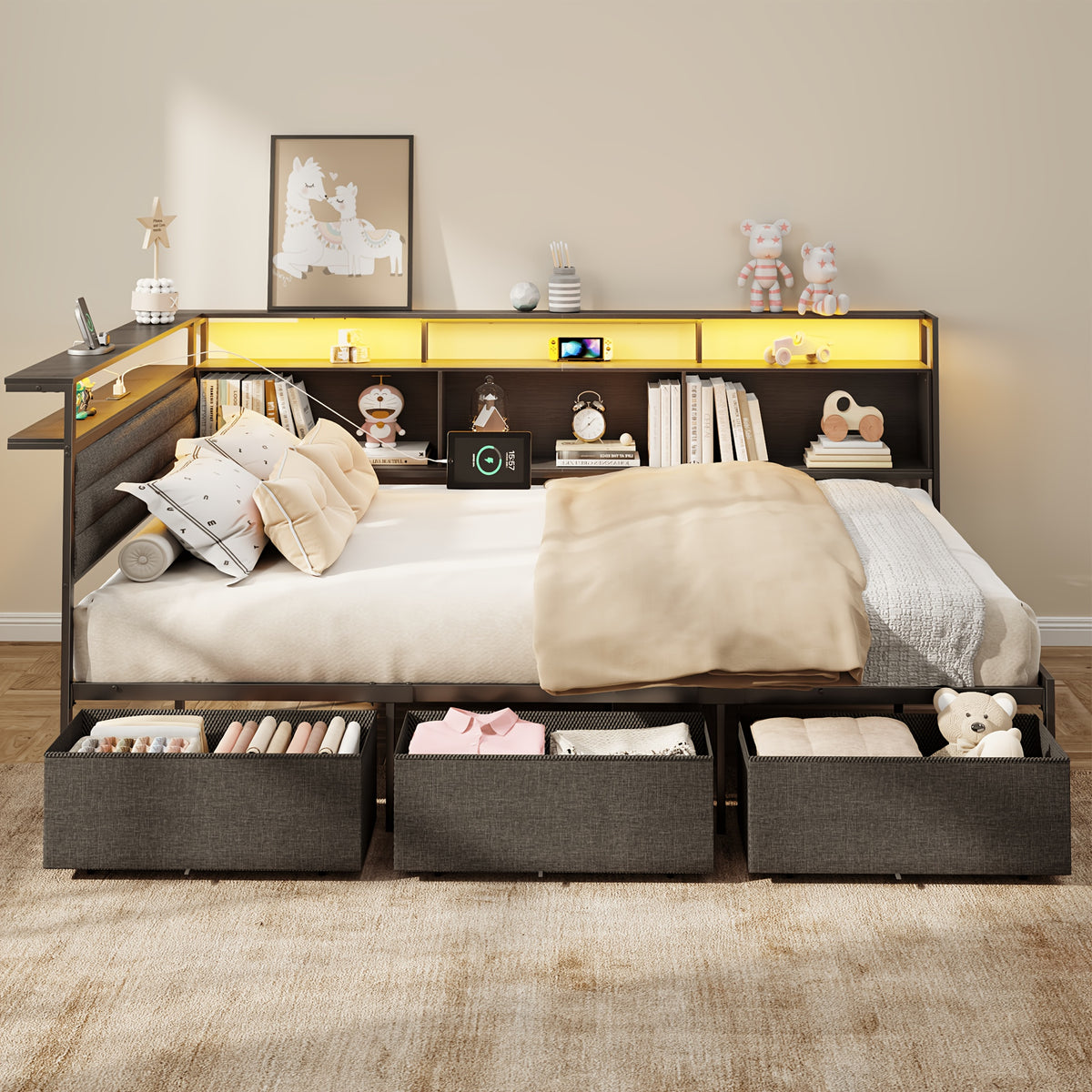 twin full size bed frame 3 drawers a storage bookshelf - Temu