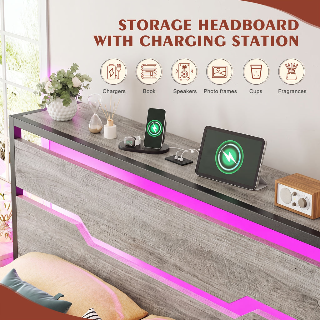 bed frame usb ports led lights headboard shelf heavy duty - Temu