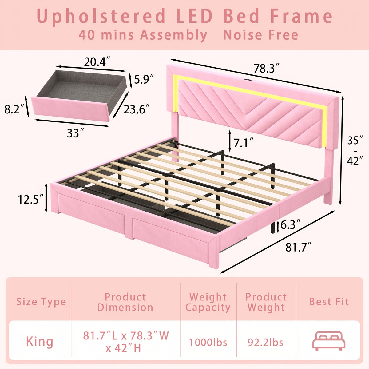 pink bed frame led headboard charging station 2 storage - Temu