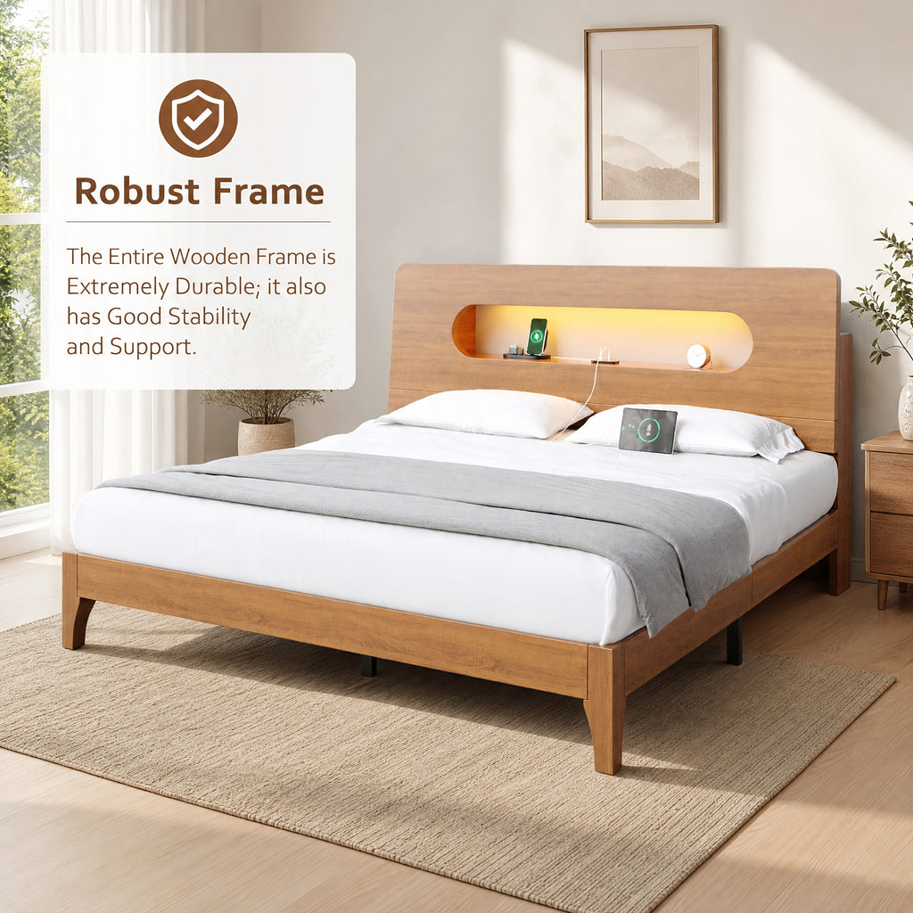 led bed frame usb charging storage shelf solid wood platform - Temu