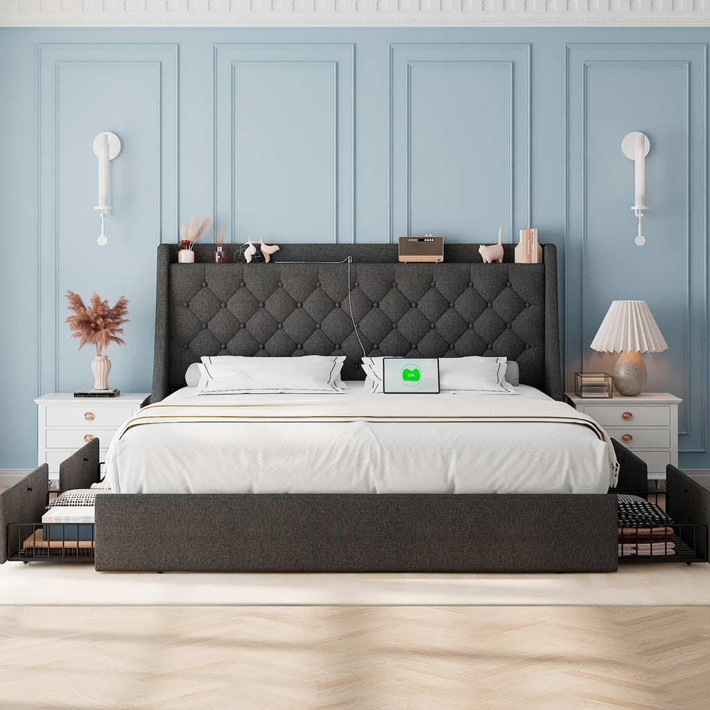 bed frame charging station linen fabric storage headboard - Temu