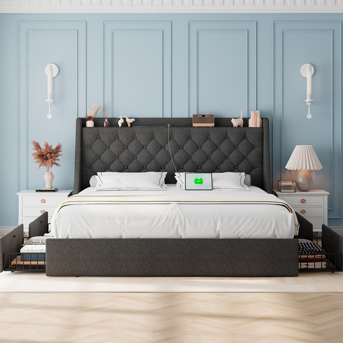 bed frame charging station linen fabric storage headboard - Temu