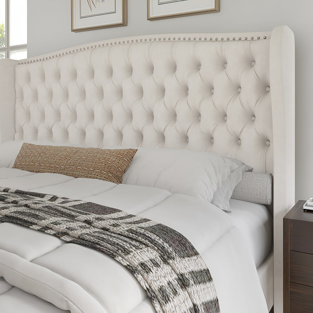handcrafted velvet bed frame featuring a wingback headboard - Temu