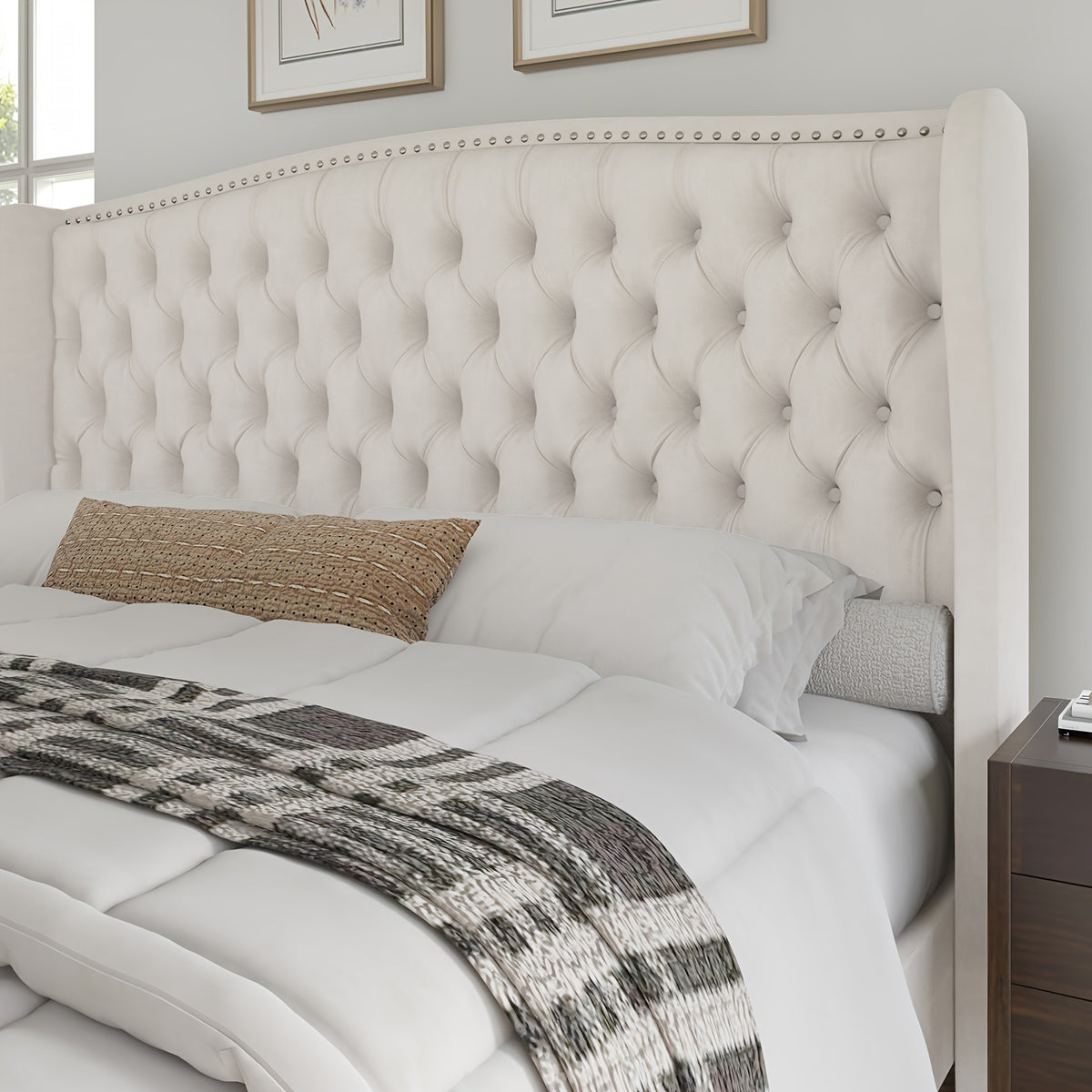 handcrafted velvet bed frame featuring a wingback headboard - Temu