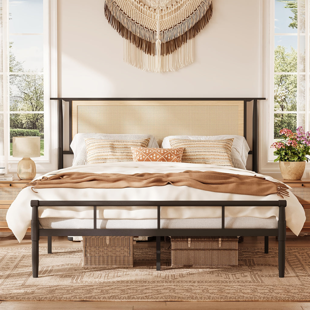 rattan bed frame full headboard black boho bed frame - Temu