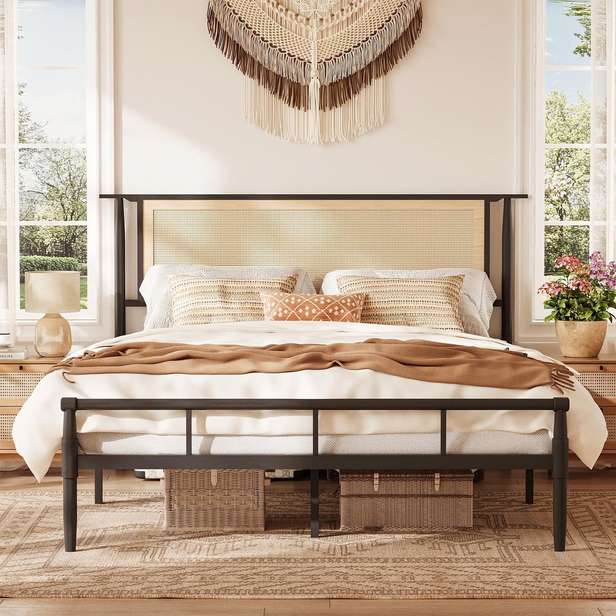 rattan bed frame full headboard black boho bed frame - Temu