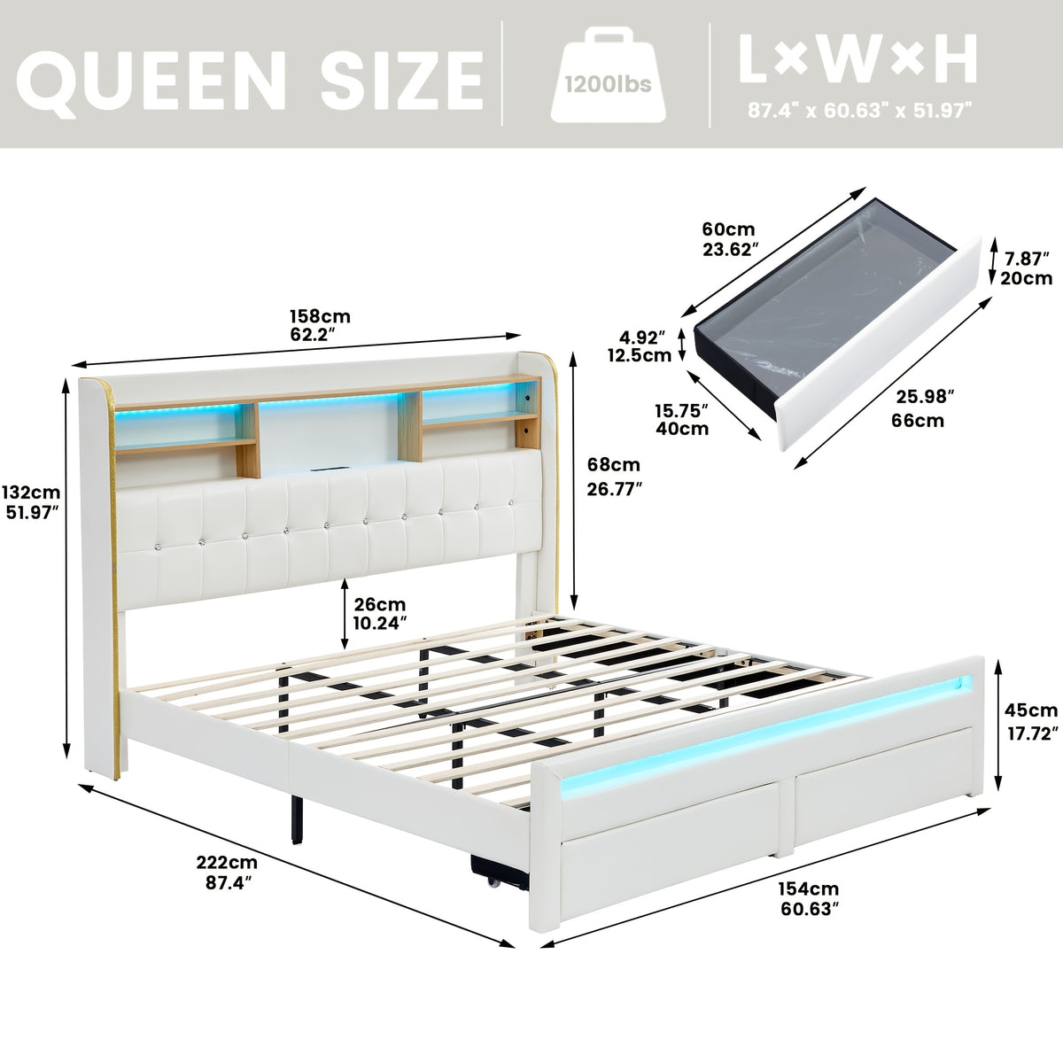 a queen sized bed frame featuring a headboard bookcase - Temu