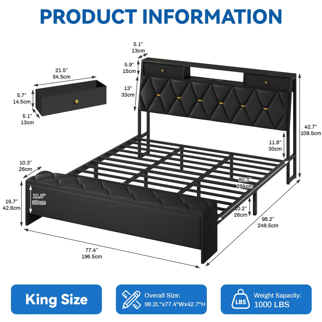 mraeer bed frame storage bench 2 drawers charging station no - Temu