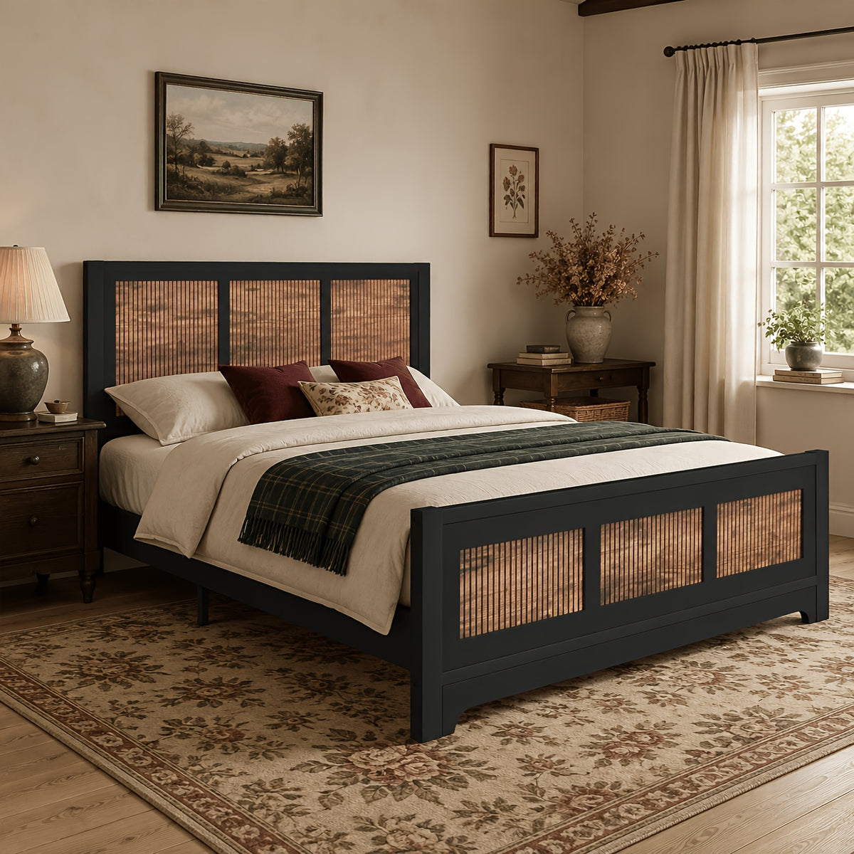 black rattan wood platform bed frame queen size rattan - Temu