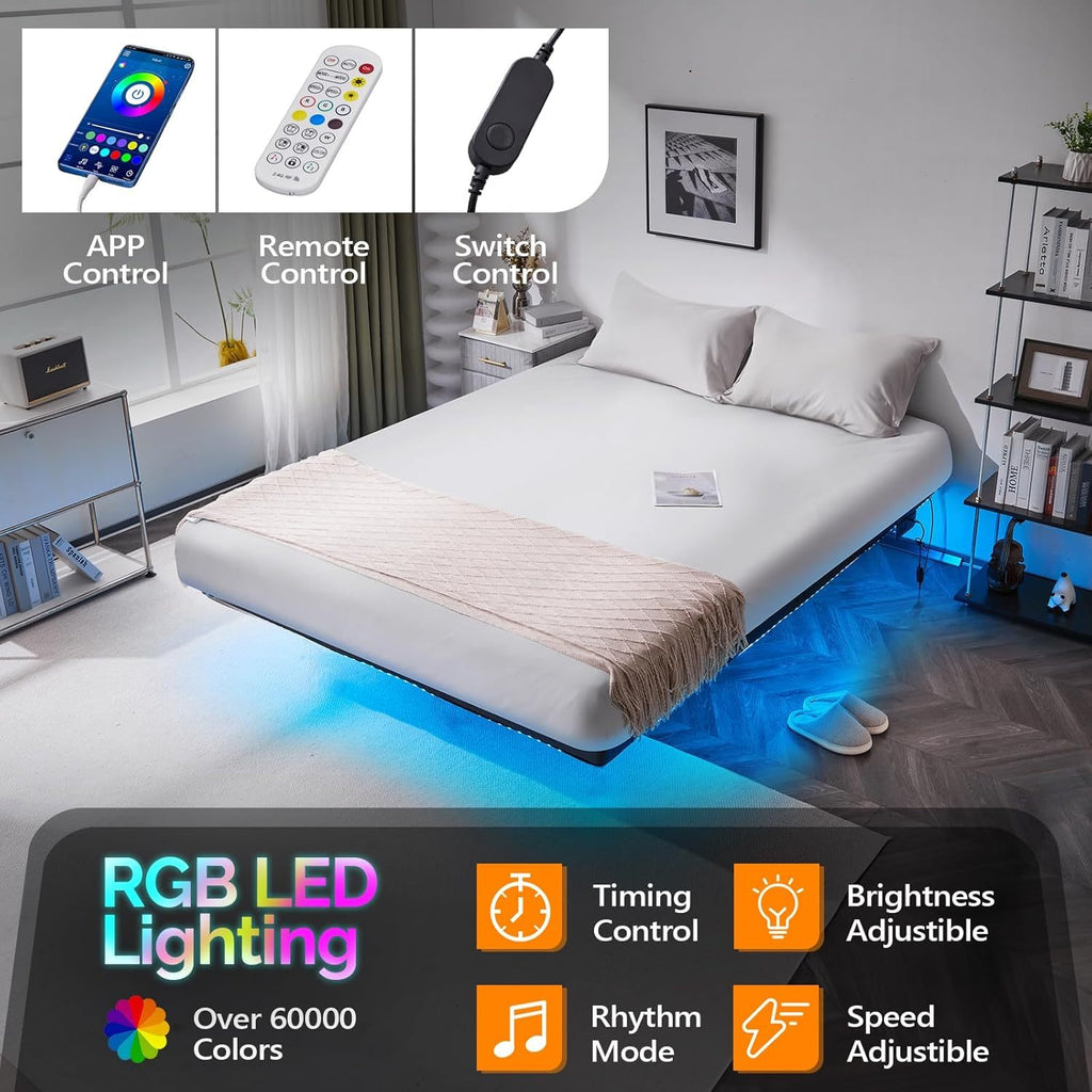 king floating bed frame usb led 14 heavy duty metal platform - Temu