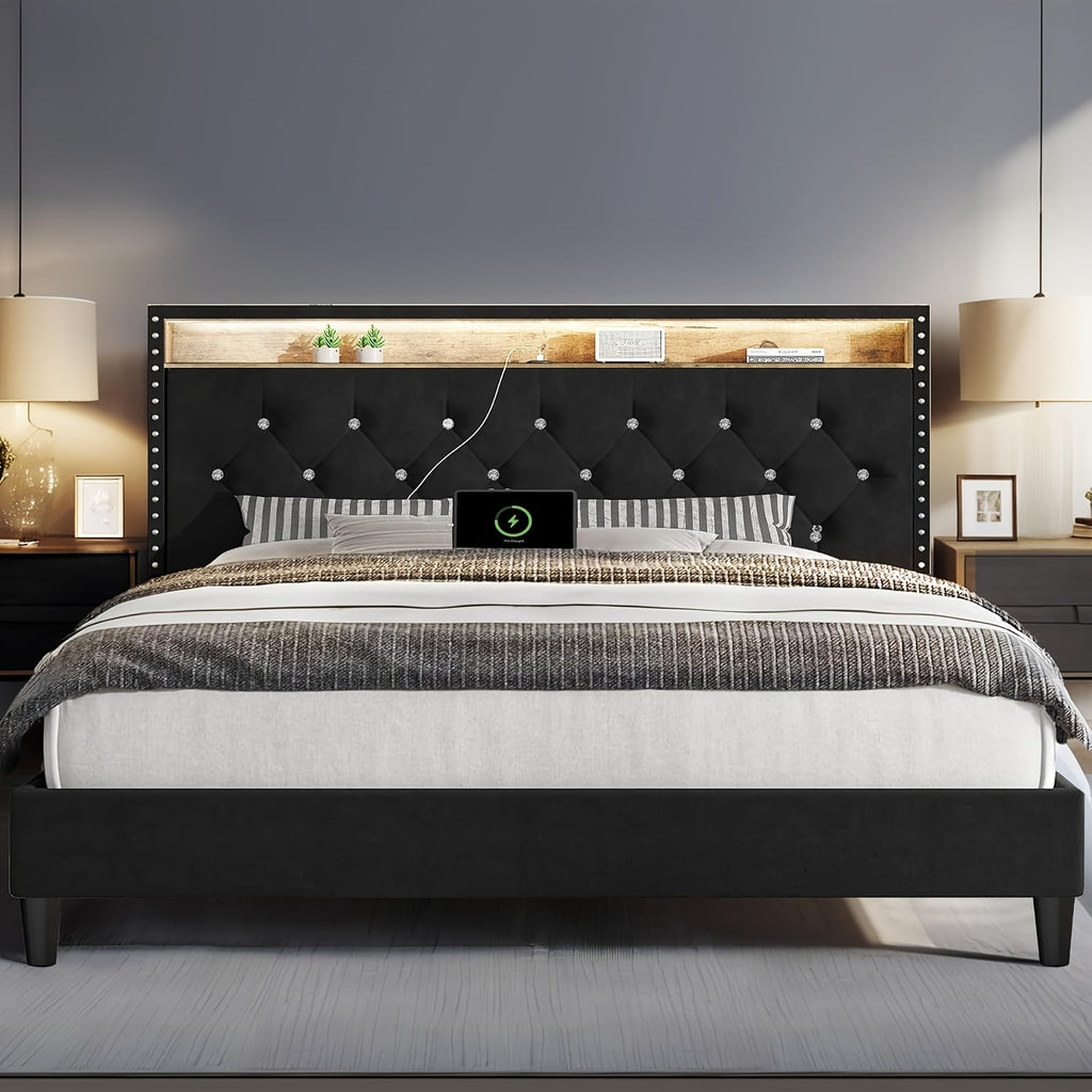 full queen king bed frame led lights velvet - Temu