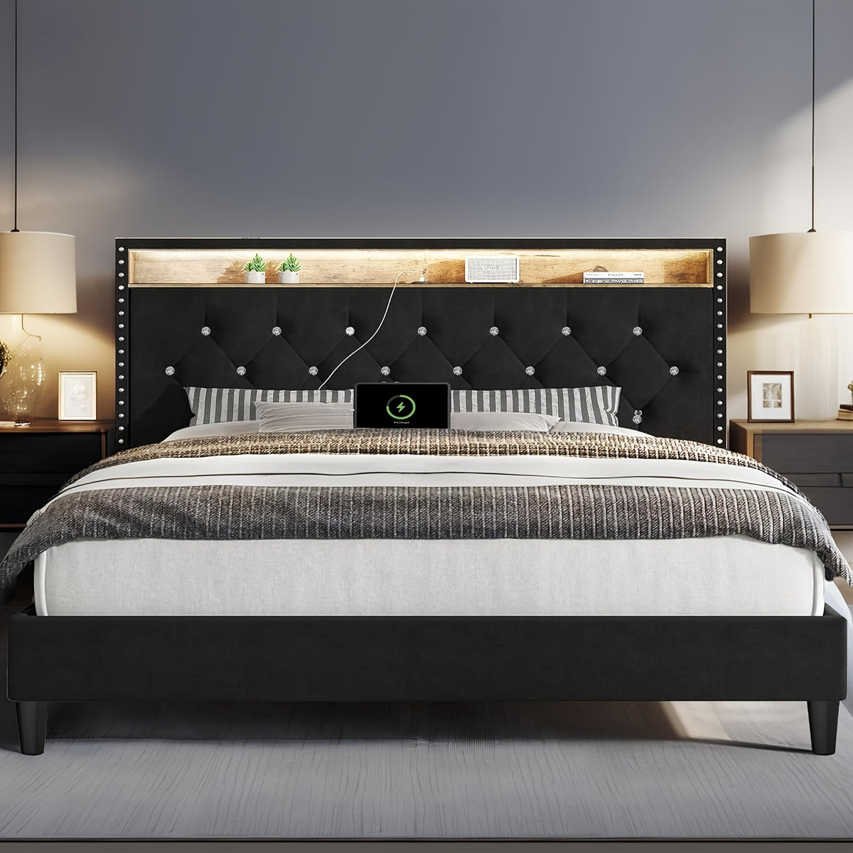 full queen king bed frame led lights velvet - Temu