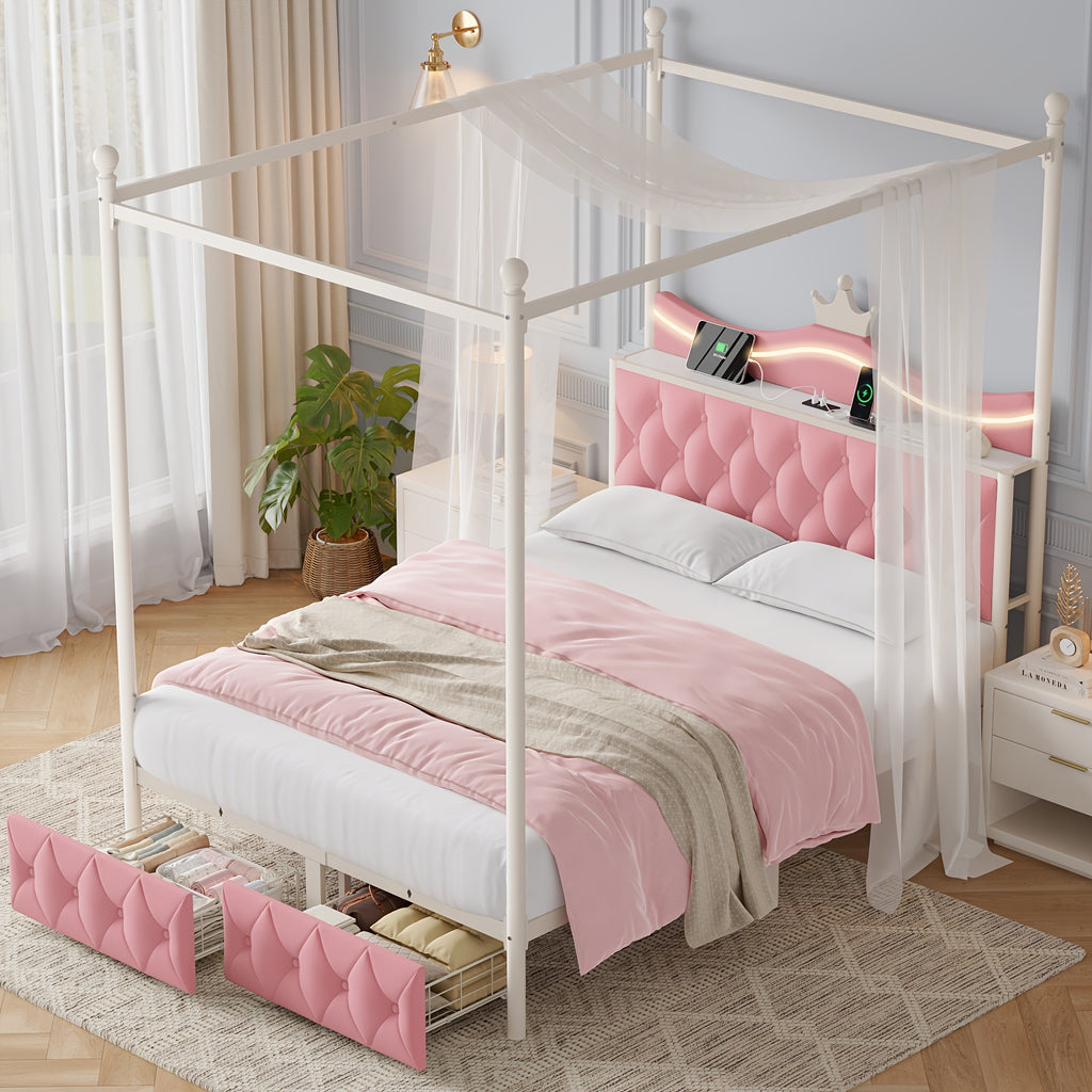 twin full queen size upholstered canopy bed frame led lights - Temu