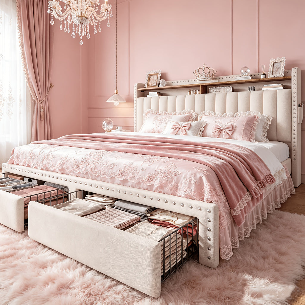 king size upholstered bed frame   2 underbed - Temu