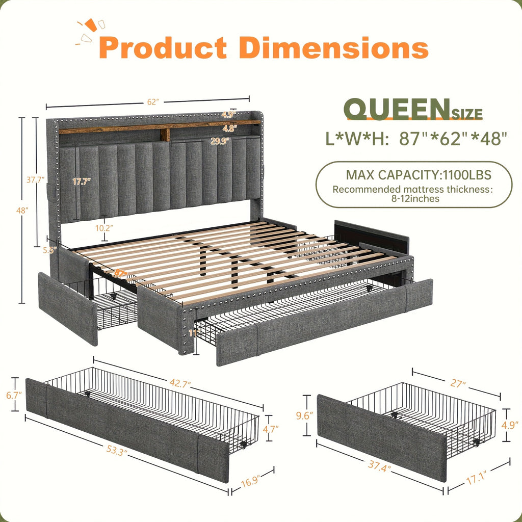 king size upholstered storage bed 3 drawers 2 tier - Temu