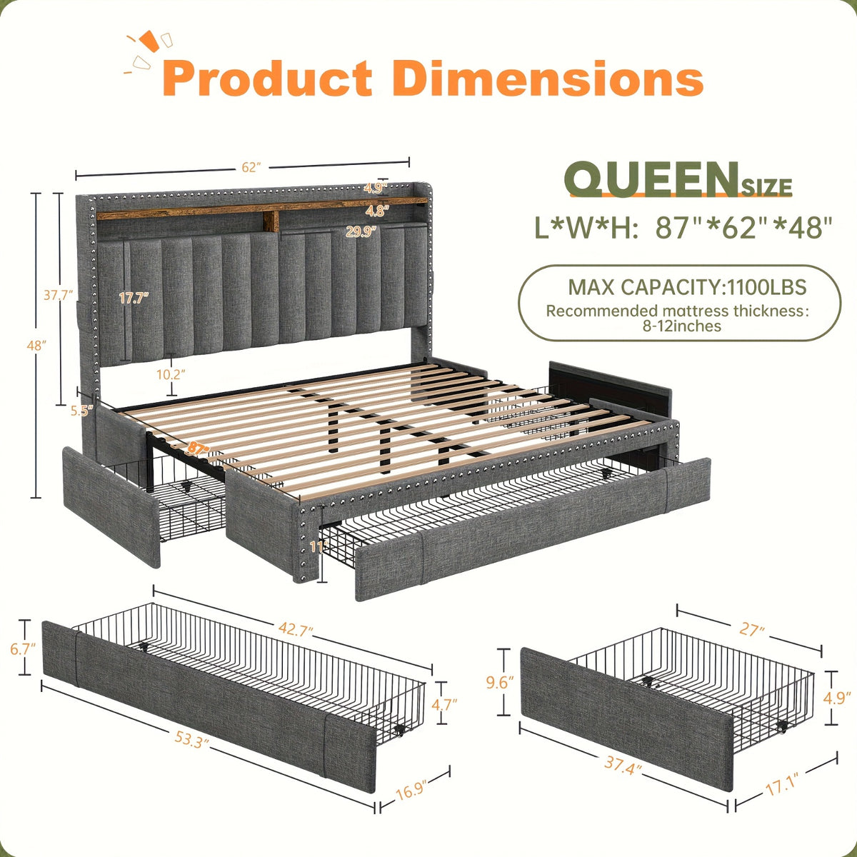 king size upholstered storage bed 3 drawers 2 tier - Temu