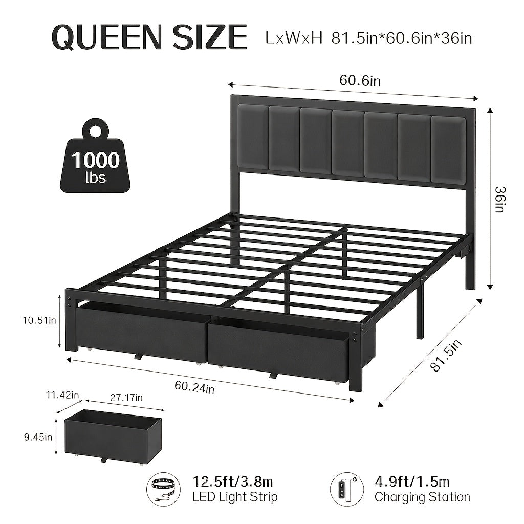 bed frame metal platform bed storage drawers led lighting - Temu