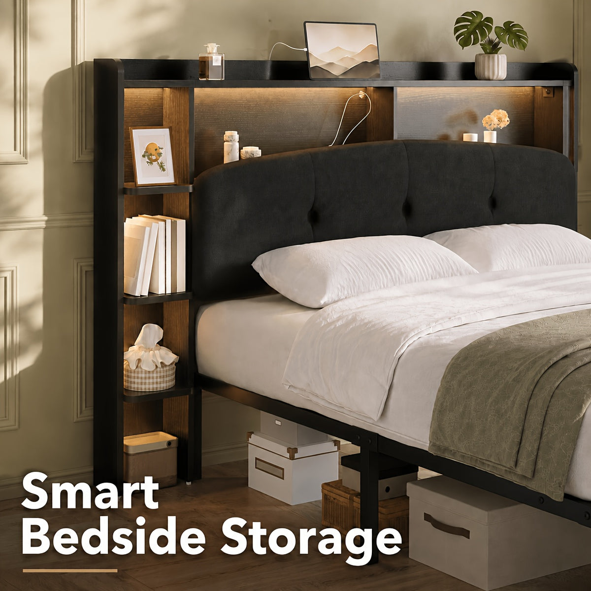 modern bed frame storage headboard 2 fabric drawers rgb led - Temu