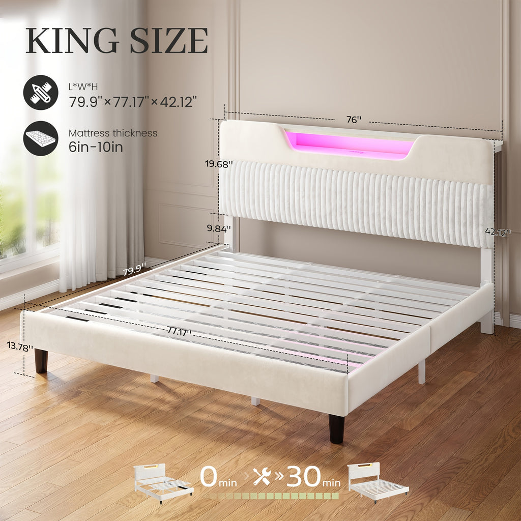 velvet upholstered platform bed frame rgb led lights - Temu