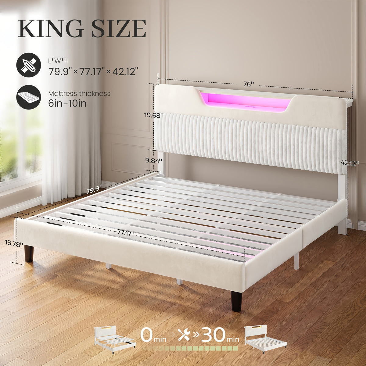 velvet upholstered platform bed frame rgb led lights - Temu