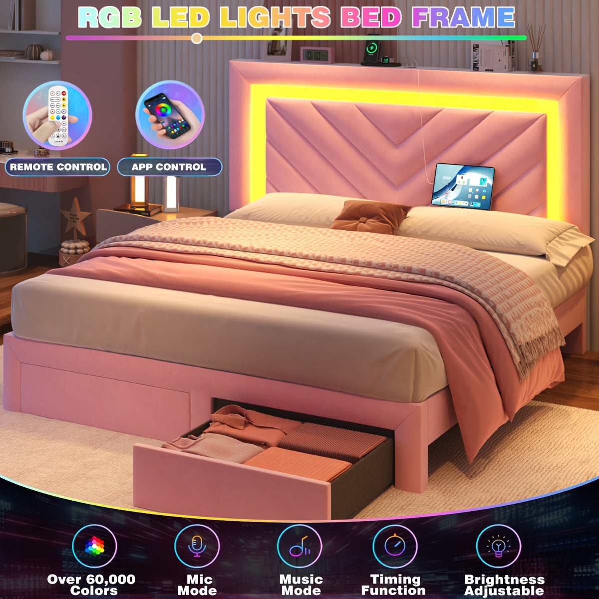 pink bed frame led headboard charging station 2 storage - Temu