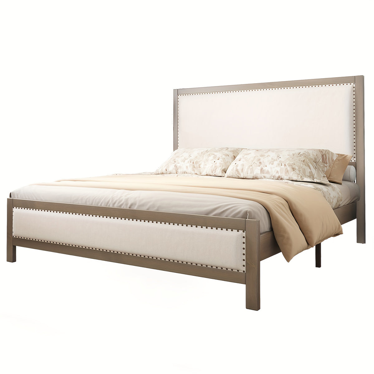 a platform bed featuring a sturdy wooden frame a linen - Temu