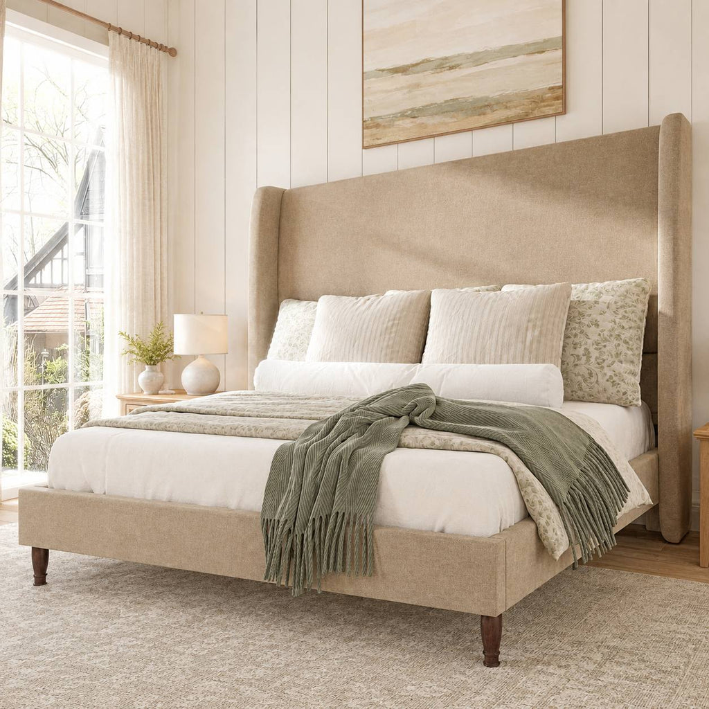 queen size linen upholstered bed frame soft wingback - Temu