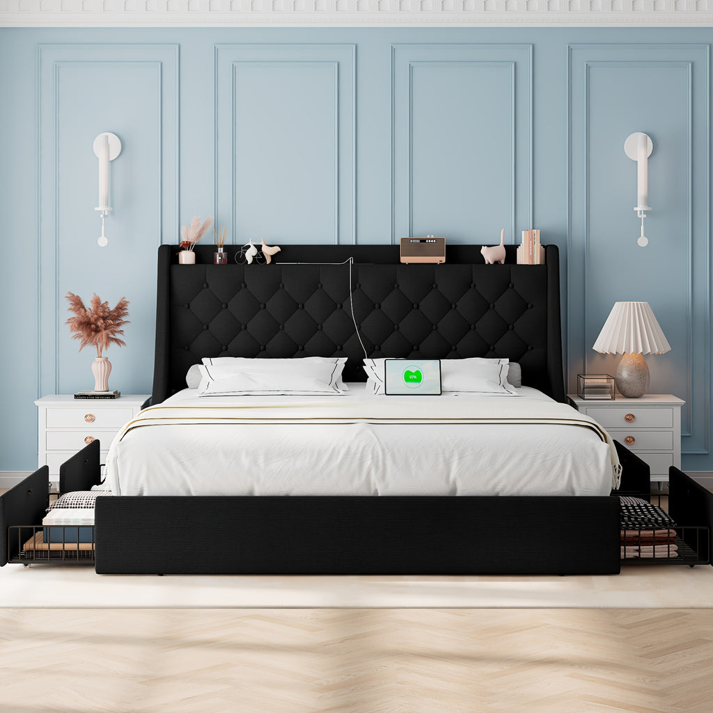 bed frame charging station linen fabric storage headboard - Temu