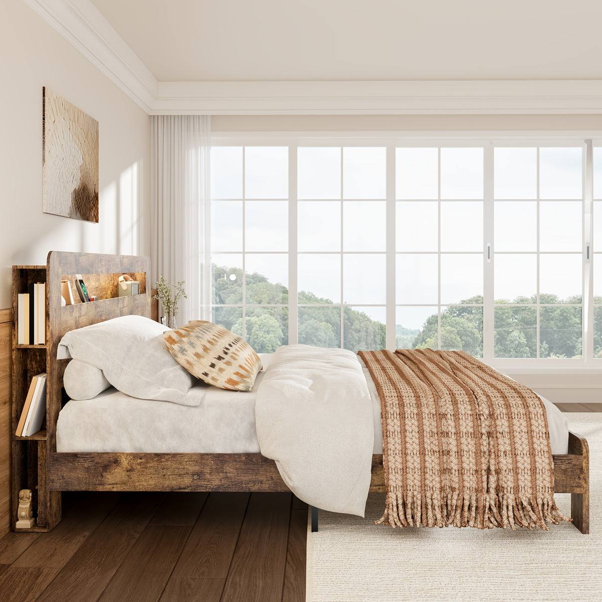 king queen size farmhouse bed frame storage headboard rustic - Temu