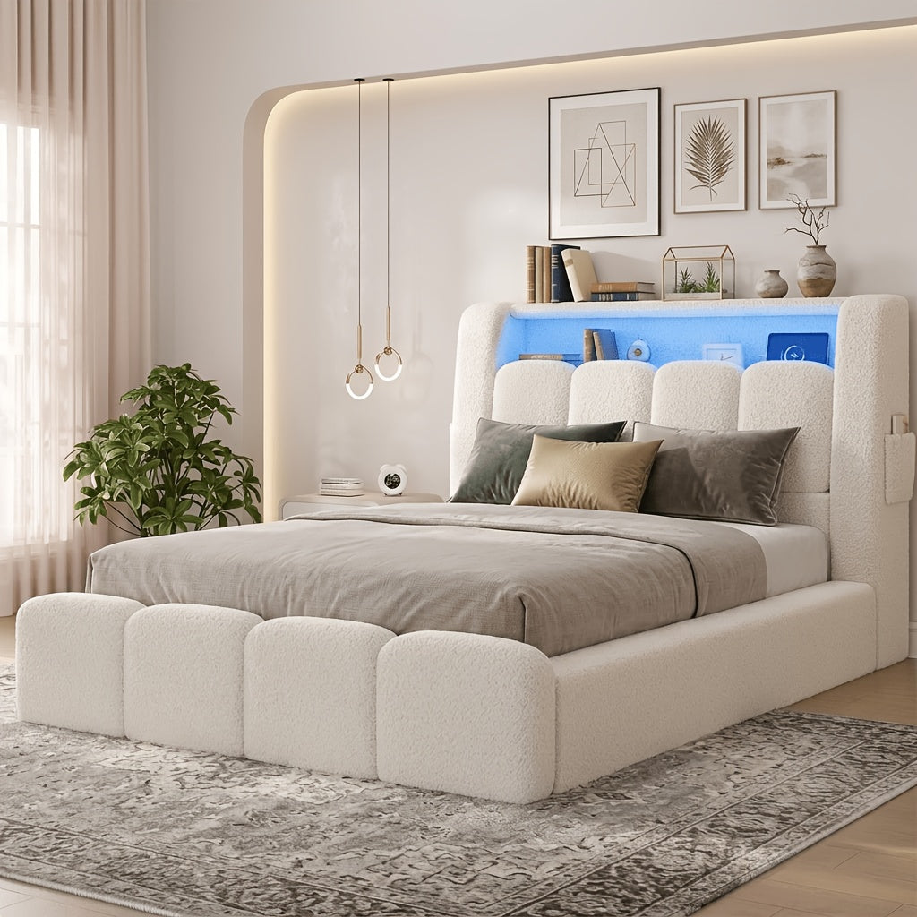 cloud bed frame cream white storage headboard built in led - Temu