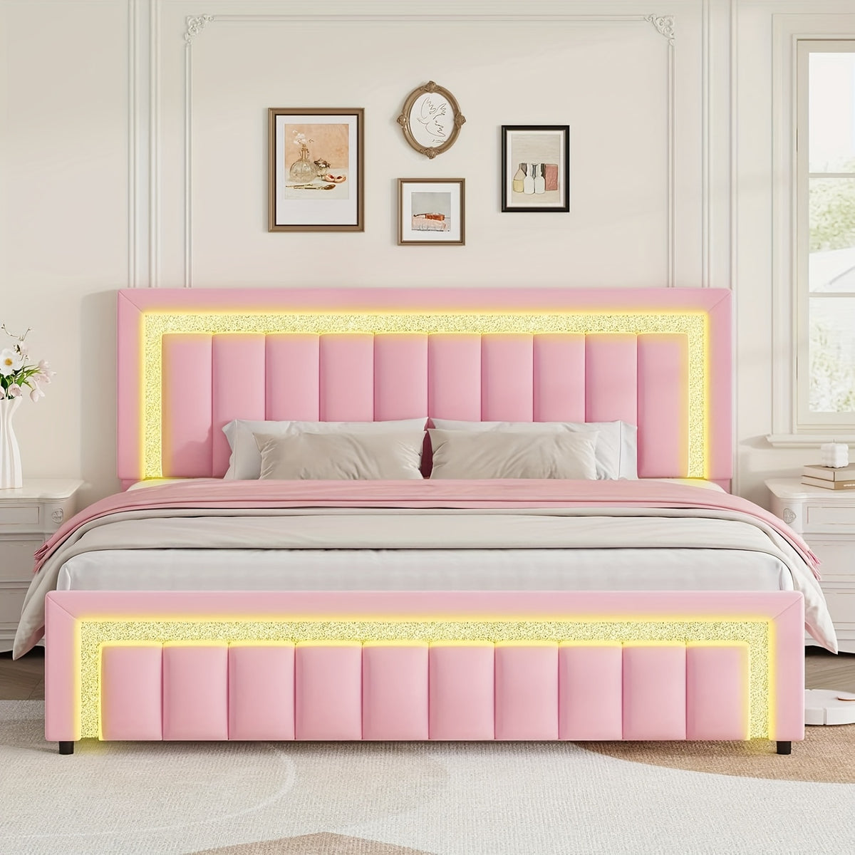 twin full bed frame led lights velvet upholstered headboard - Temu