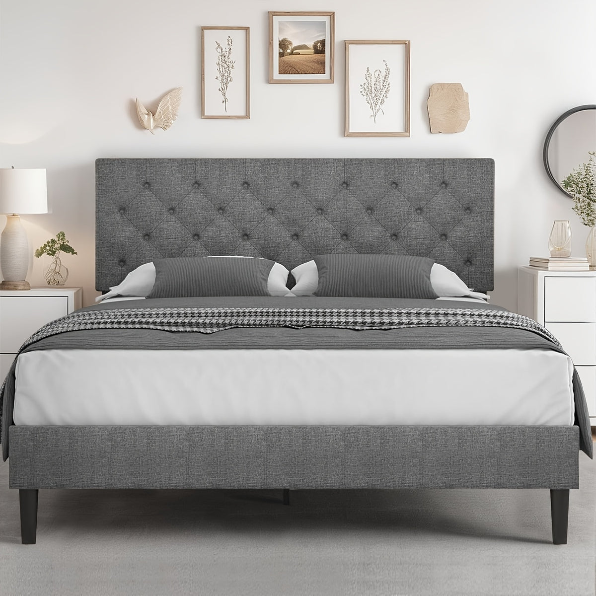 twin full queen king size bed frame headboard linen fabric - Temu