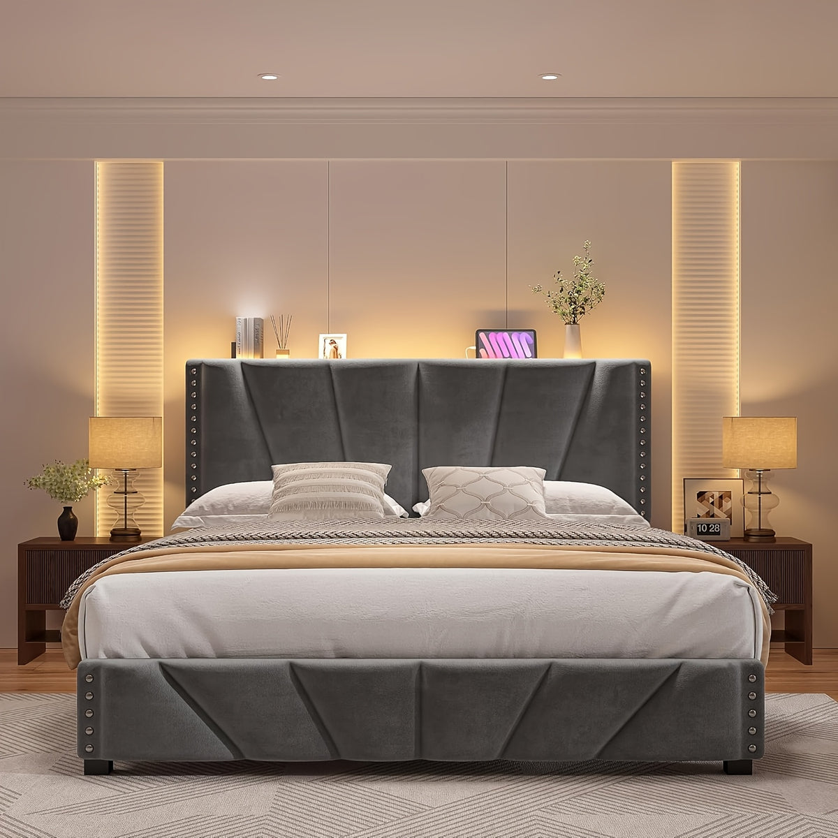 king queen size upholstered platform durable bed frame rgb - Temu