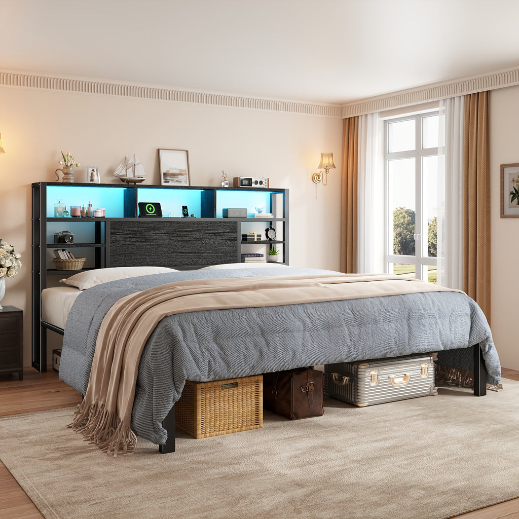 full queen king bed frame storage headboard led lights - Temu