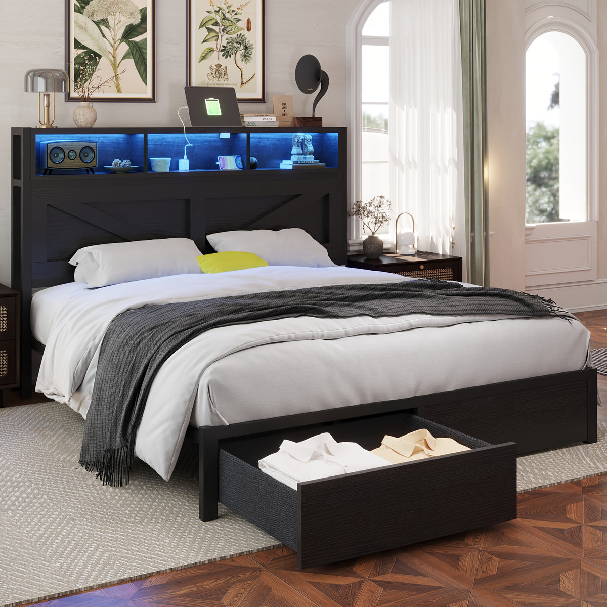 farmhouse bed frame bookcase headboard storage drawers no - Temu