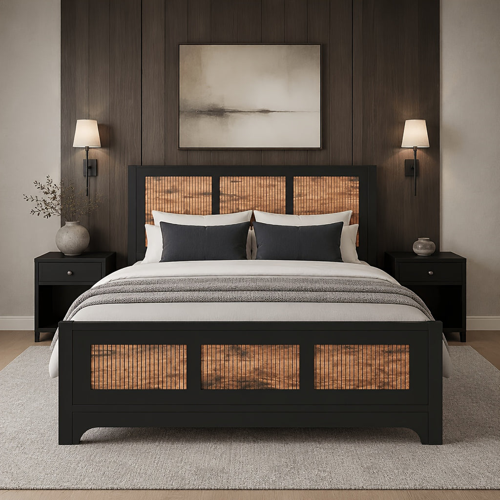 black rattan wood platform bed frame queen size rattan - Temu