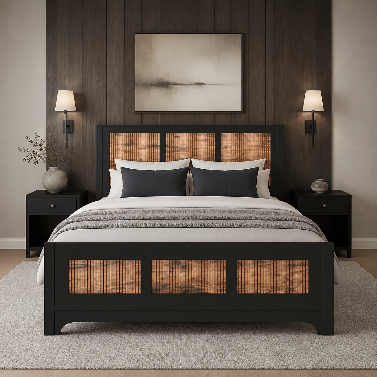 black rattan wood platform bed frame queen size rattan - Temu
