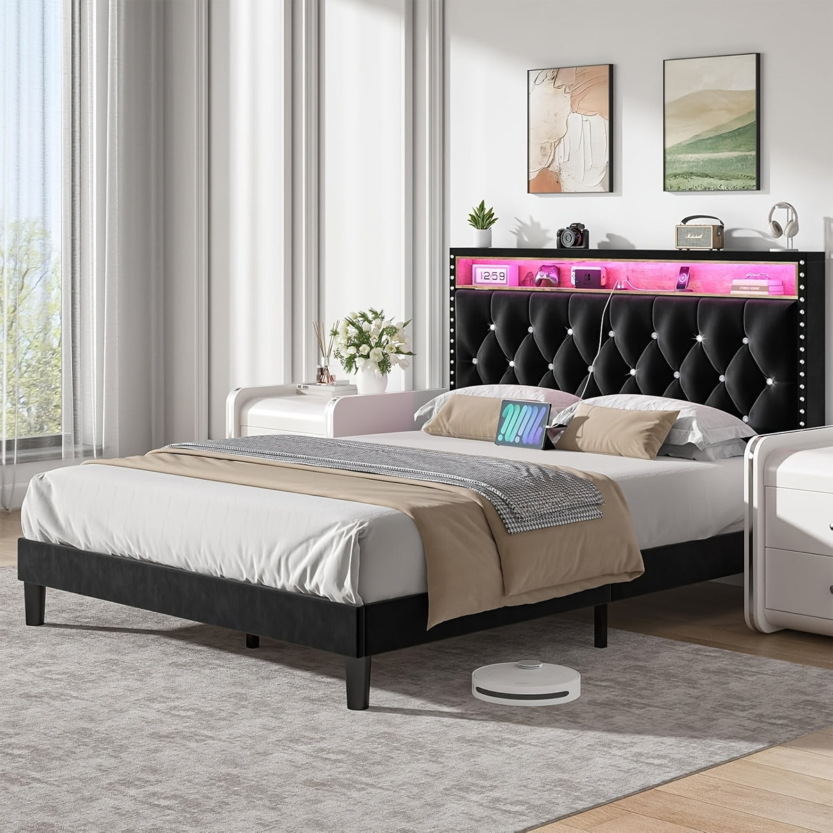 full queen king bed frame led lights velvet - Temu