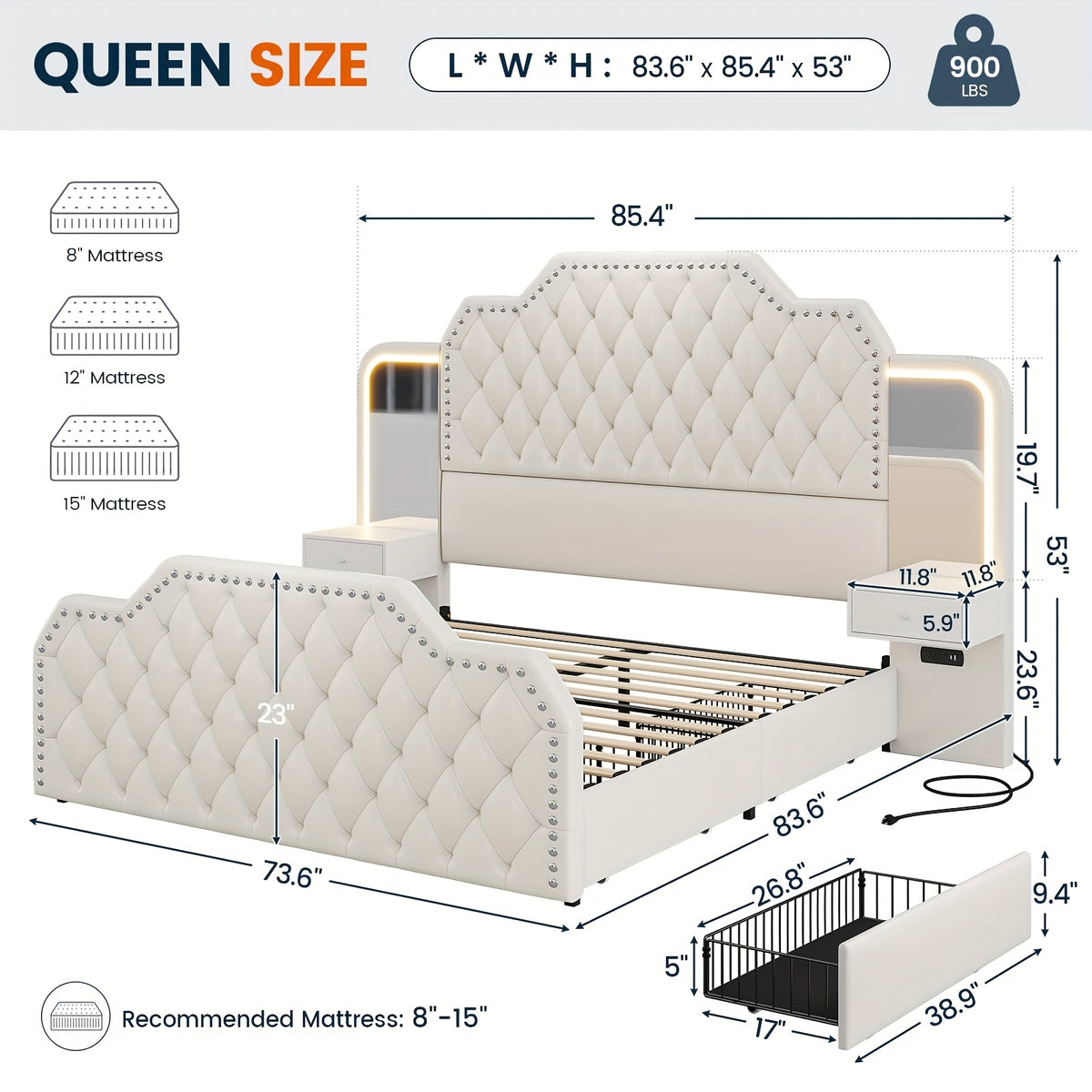 queen size bed frame 2 nightstands mirror modern platform - Temu