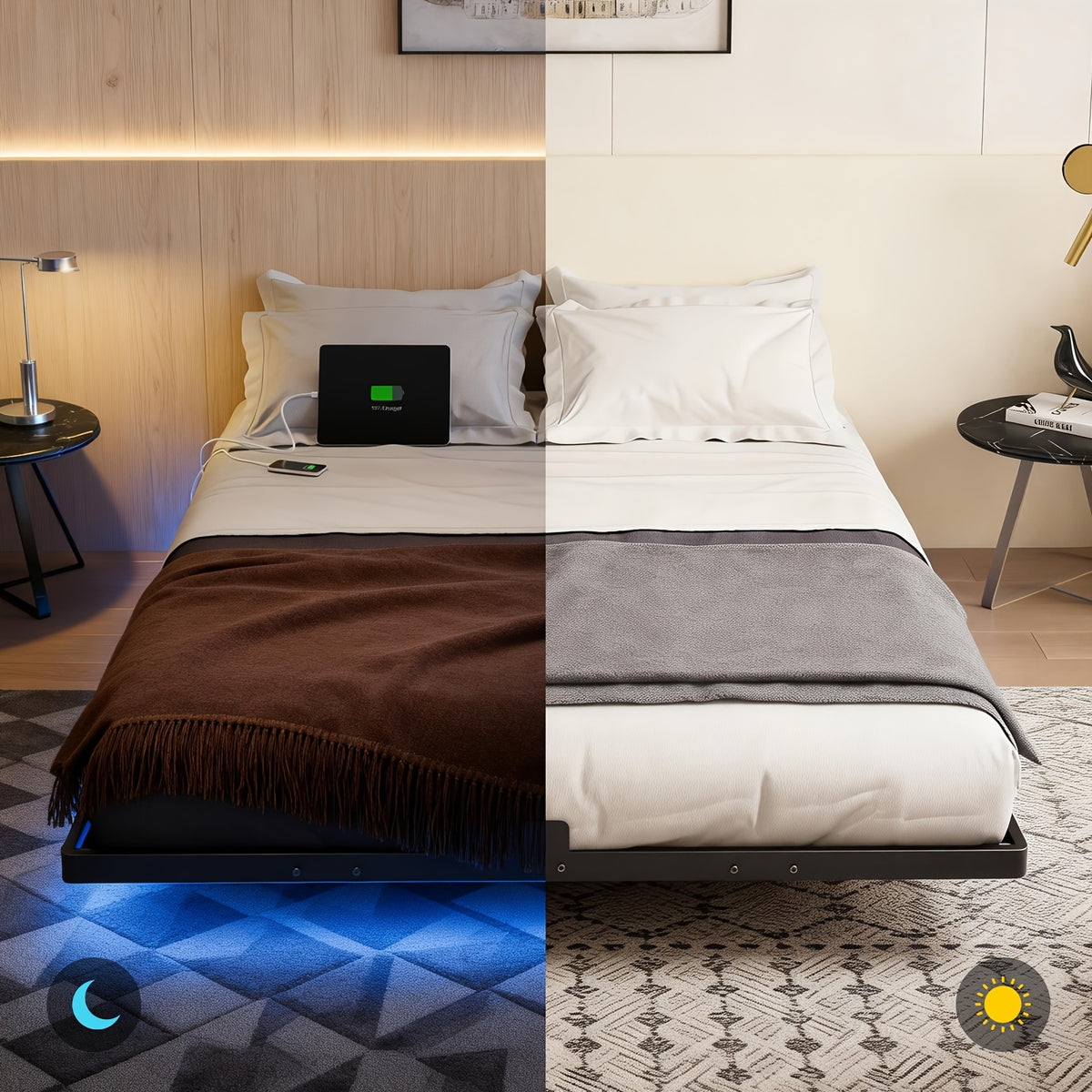 bed frame floats   led lighting a charging station - Temu