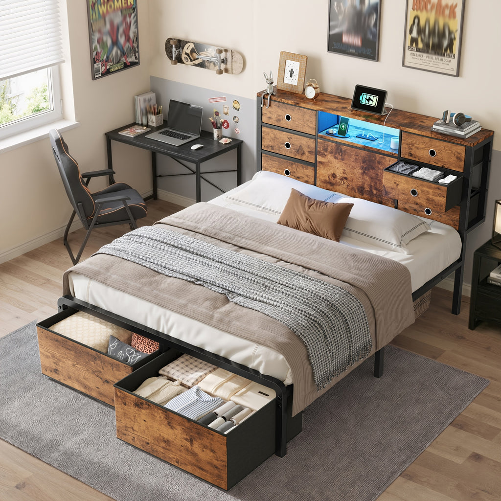 king queen full size storage bed frame 8 9 drawers headboard - Temu